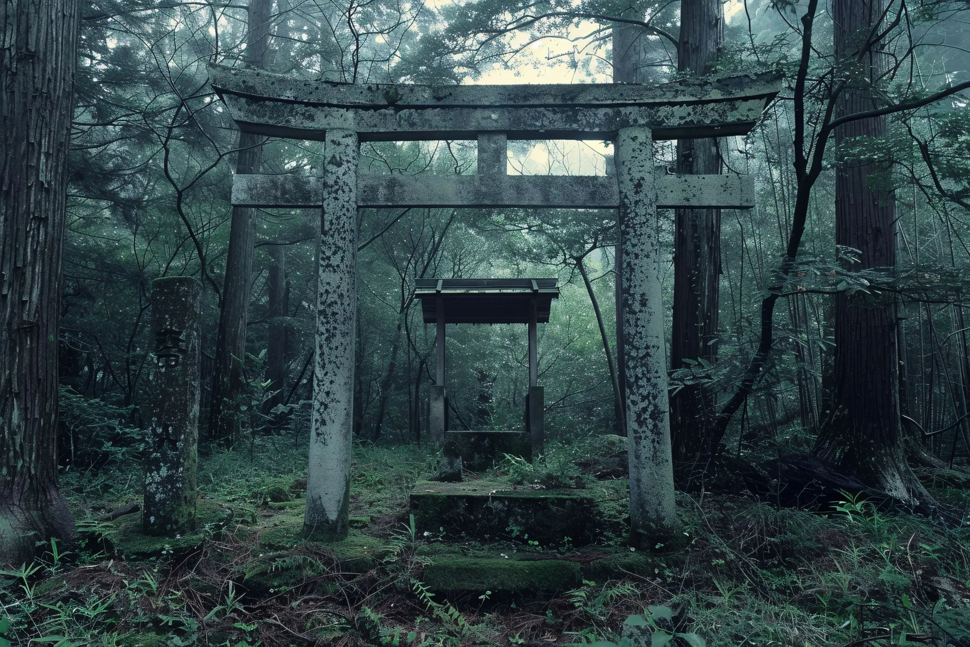 A stone pilgrimage path linking shrines through forested hills